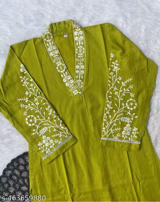 Elegant Green Kurta Pant Set for Women | Cotton Fabric | Embroidered Neck & Sleeve Design
