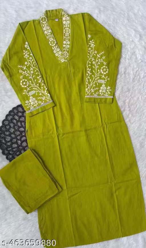 Elegant Green Kurta Pant Set for Women | Cotton Fabric | Embroidered Neck & Sleeve Design