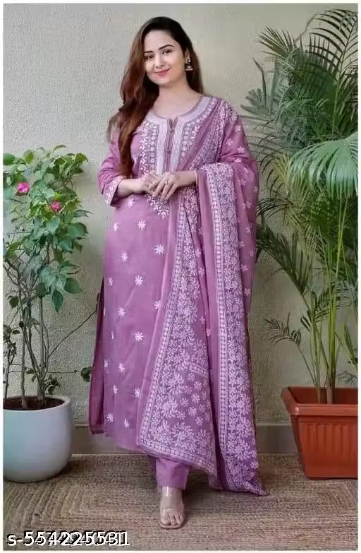 Stylish Mauve Pink Embroidered Kurta Set for Women with Printed Dupatta & Pants | Cotton Blend Ethnic Suit Set for Daily Wear, Office, Festive & Traditional Functions | Comfortable Straight Kurti with 3/4th Sleeves | Indian Salwar Suit Set