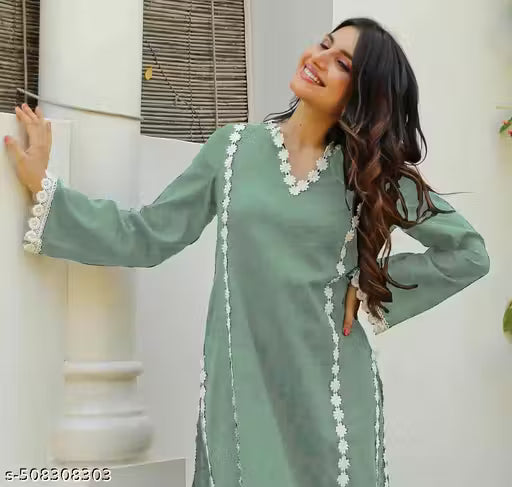 Trendy Gray Rayon Lace Kurta Set for Women | Stylish Ethnic Wear | Designer Kurti with Pajama | Party Wear & Daily Wear Suit | Festive & Office Wear