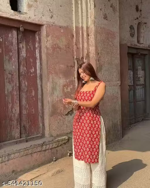 Women's Cotton Printed Straight Sleeveless Kurta (Random Print And Design Available)