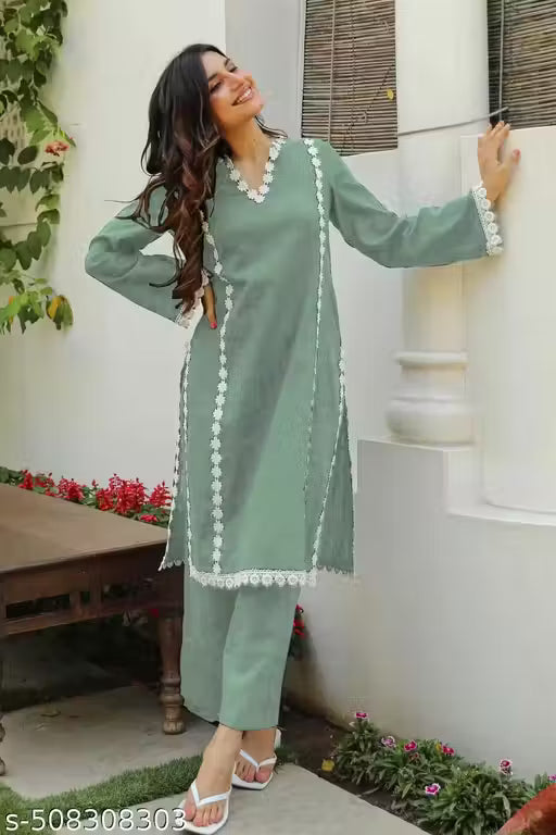 Trendy Gray Rayon Lace Kurta Set for Women | Stylish Ethnic Wear | Designer Kurti with Pajama | Party Wear & Daily Wear Suit | Festive & Office Wear