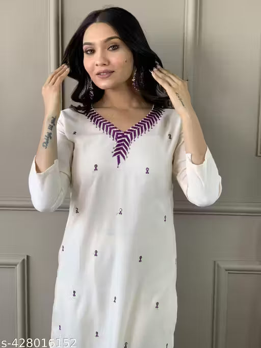 Women Embroidered Straight Kurta with Pants & Dupatta Set For Girls And Women (cream )