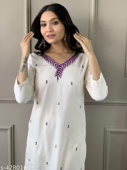 Women Embroidered Straight Kurta with Pants & Dupatta Set For Girls And Women (cream )