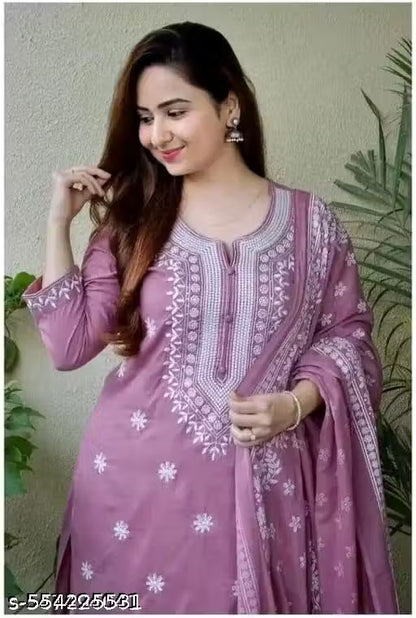 Stylish Mauve Pink Embroidered Kurta Set for Women with Printed Dupatta & Pants | Cotton Blend Ethnic Suit Set for Daily Wear, Office, Festive & Traditional Functions | Comfortable Straight Kurti with 3/4th Sleeves | Indian Salwar Suit Set