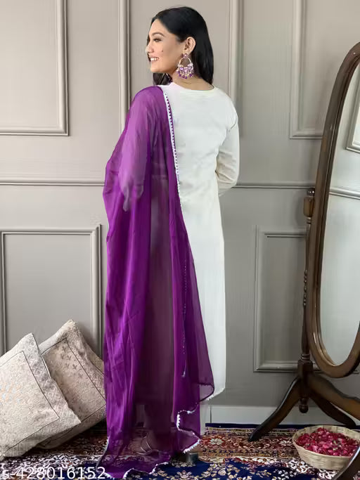 Women Embroidered Straight Kurta with Pants & Dupatta Set For Girls And Women (cream )