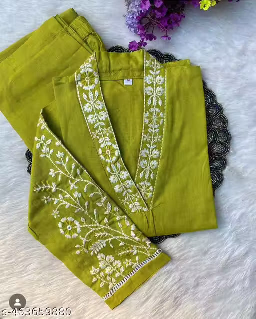 Elegant Green Kurta Pant Set for Women | Cotton Fabric | Embroidered Neck & Sleeve Design
