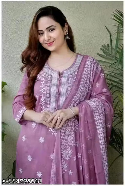 Stylish Mauve Pink Embroidered Kurta Set for Women with Printed Dupatta & Pants | Cotton Blend Ethnic Suit Set for Daily Wear, Office, Festive & Traditional Functions | Comfortable Straight Kurti with 3/4th Sleeves | Indian Salwar Suit Set