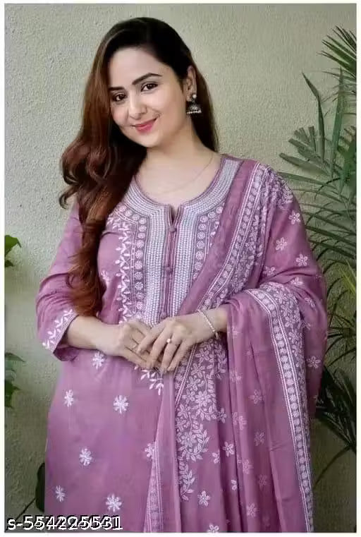 Stylish Mauve Pink Embroidered Kurta Set for Women with Printed Dupatta & Pants | Cotton Blend Ethnic Suit Set for Daily Wear, Office, Festive & Traditional Functions | Comfortable Straight Kurti with 3/4th Sleeves | Indian Salwar Suit Set