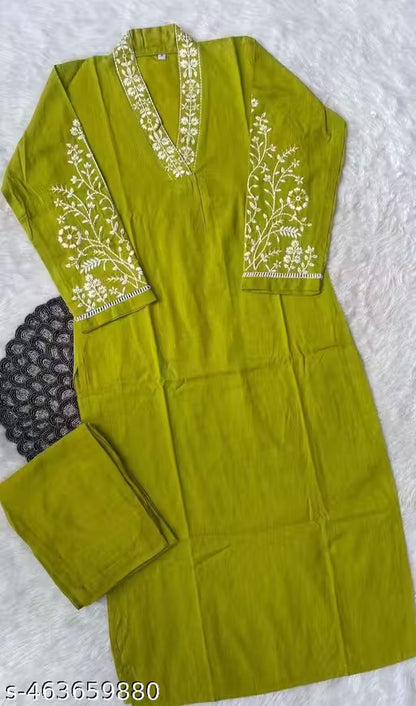 Elegant Green Kurta Pant Set for Women | Cotton Fabric | Embroidered Neck & Sleeve Design