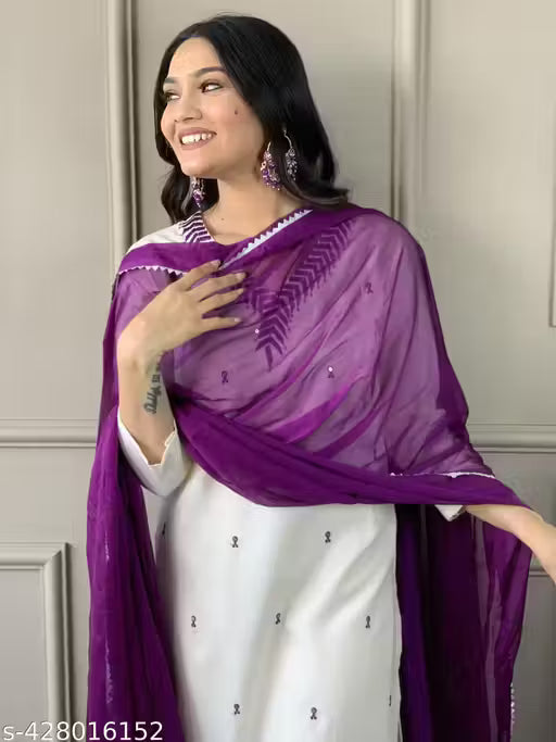 Women Embroidered Straight Kurta with Pants & Dupatta Set For Girls And Women (cream )