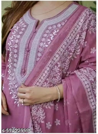 Stylish Mauve Pink Embroidered Kurta Set for Women with Printed Dupatta & Pants | Cotton Blend Ethnic Suit Set for Daily Wear, Office, Festive & Traditional Functions | Comfortable Straight Kurti with 3/4th Sleeves | Indian Salwar Suit Set