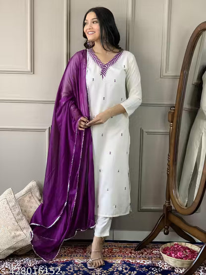 Women Embroidered Straight Kurta with Pants & Dupatta Set For Girls And Women (cream )