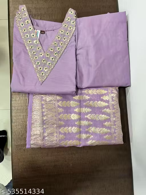 Women's Lavender Colour Rayon Slub V-neck Embroidered Straight Kurta Pant with Dupatta sat